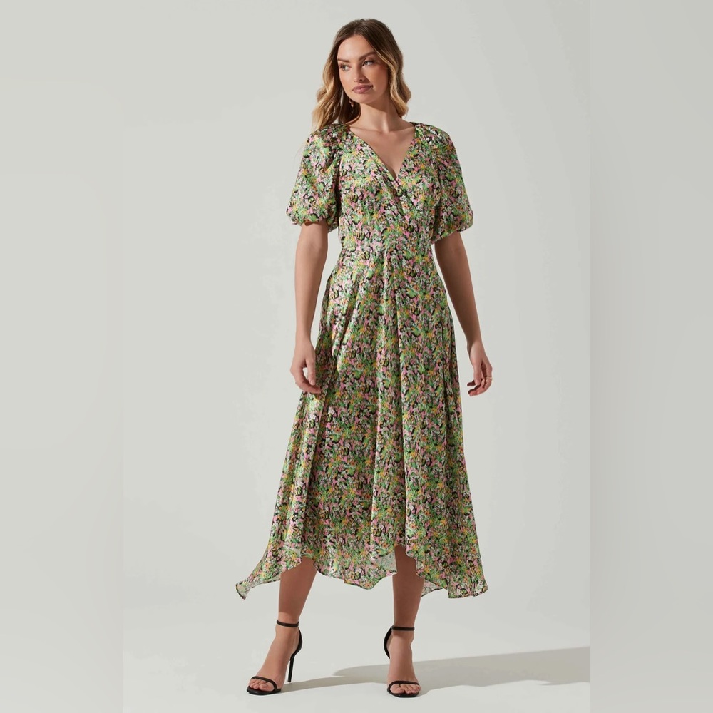 ASTR The Label Satin Floral Bubble Sleeve Wrap Midi Dress